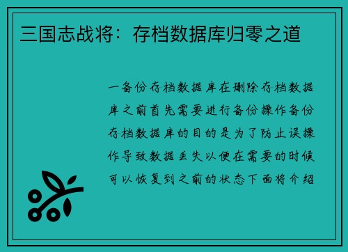 三国志战将：存档数据库归零之道